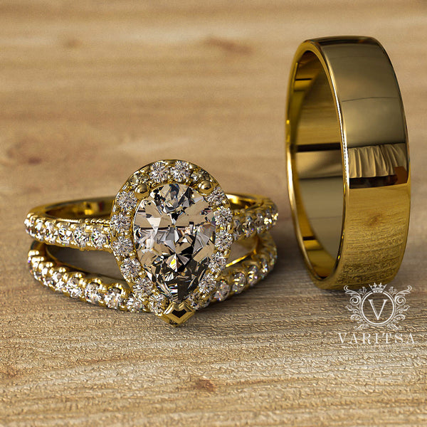 2.0ct Pear Halo Diamond Gold Complete Wedding Set - 03US17